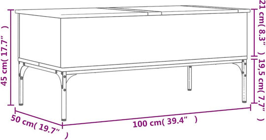 Rectangular Central Wooden Coffee Table with Lifting Mechanism Brown W100xD50xH45cm