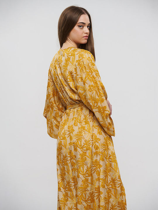 Blue Long Kimono with Belt Brown/Mustard with Gold Details One Size (100% Crepe) cm 5-41-348-0810