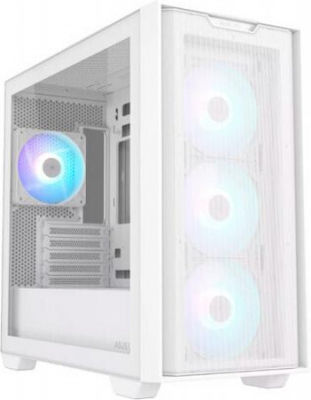 Asus A21 Plus Gaming Midi Tower Computer Case with Window Panel and RGB Lighting White