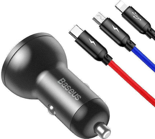 Baseus Φορτιστής Αυτοκινήτου 24W 4.8A με Θύρες: 2xUSB μαζί με Καλώδιο Type-C / Lightning / Micro-USB Μαύρος