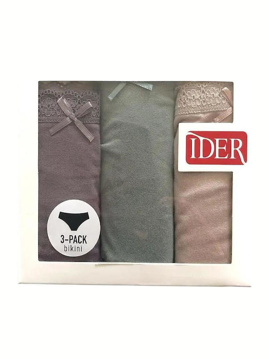 Γυναικέια Κιλοτάκια Bikini 3 Pack Μονόχρωμα Με Λάστιχο Δαντέλας Και Φιογκάκι