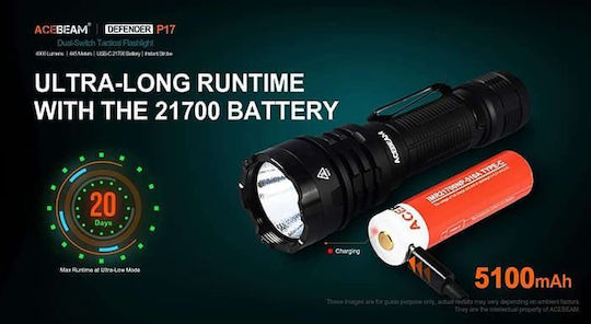 Acebeam Rechargeable Flashlight LED IP68 with Maximum Brightness 4900lm Black