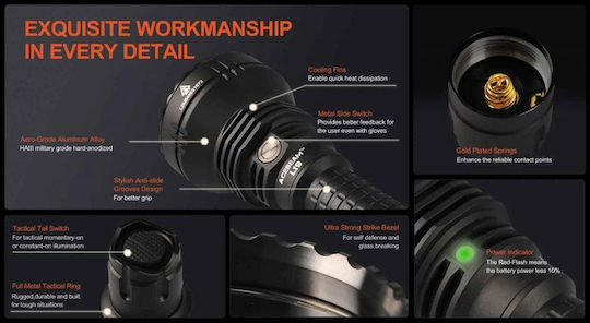 Acebeam Wiederaufladbar Taschenlampe LED IP68 mit maximaler Helligkeit 1650lm Schwarz
