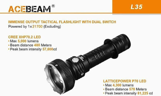 Acebeam Wiederaufladbar Taschenlampe LED mit maximaler Helligkeit 5000lm Schwarz