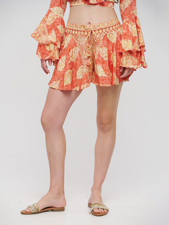 Blue Shorts with Orange Leaf Print and Gold Details M/L (100% Crepe) 5-41-348-0774