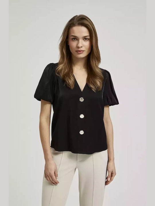 Make your image Damen Bluse Kurzärmelig mit V-Ausschnitt Black