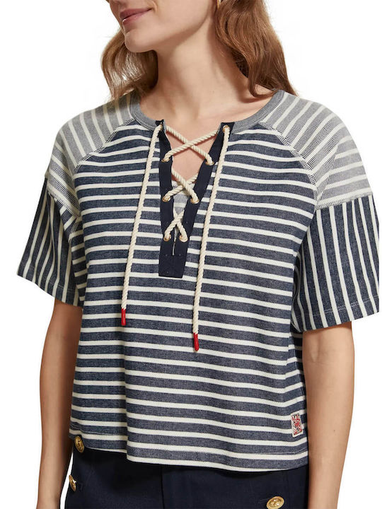 Lace Up Boxy Women's Blouse Short Sleeve White