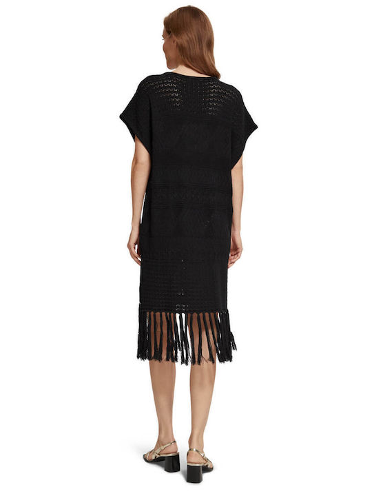 Pointelle Stitch Fringing Καλοκαιρινό Mini Φόρεμα Πλεκτό Μαύρο