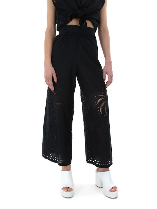 Moutaki Women's High Waist Cotton Capri Trousers Black
