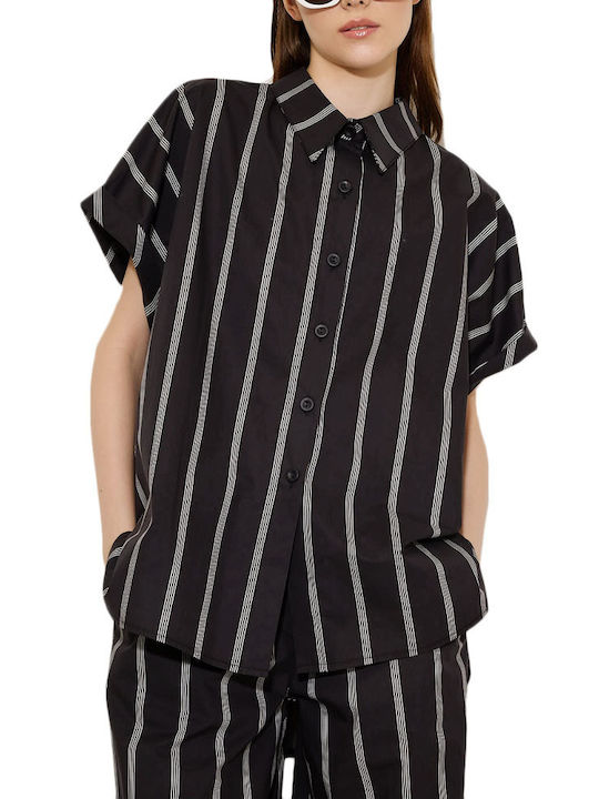 Dolce Domenica Women's Striped Short Sleeve Shirt WHITE- BLACK