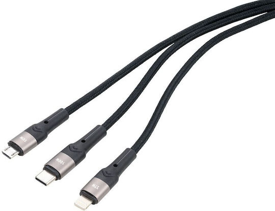 Troika Regular USB to Lightning / Type-C / micro USB Cable Μαύρο 1.2m