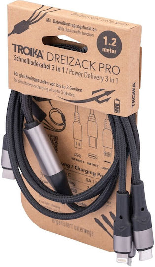 Troika Regular USB to Lightning / Type-C / micro USB Cable Μαύρο 1.2m