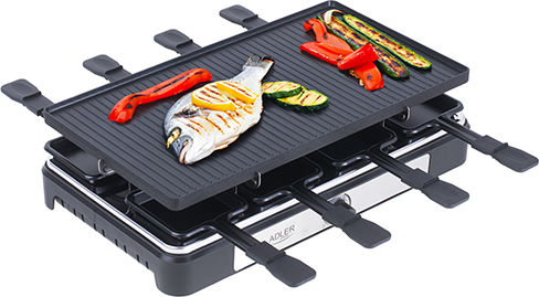 Adler Tabletop Electric Grill Raclette Ribbed Plate 1400W Inox with Adjustable Thermostat 42cmx23cmcm