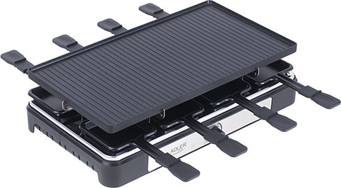 Adler Tabletop Electric Grill Raclette Ribbed Plate 1400W Inox with Adjustable Thermostat 42cmx23cmcm