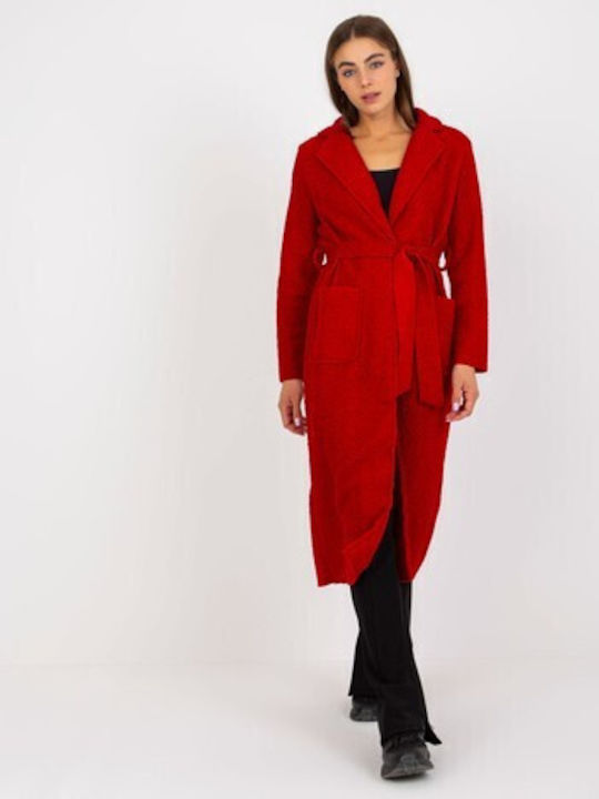 Och Bella Women's Midi Coat with Belt Dark Red