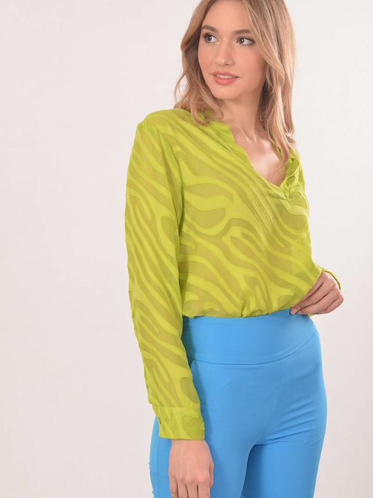 Tweet With Love Women's Blouse Long Sleeve with V Neckline Lime