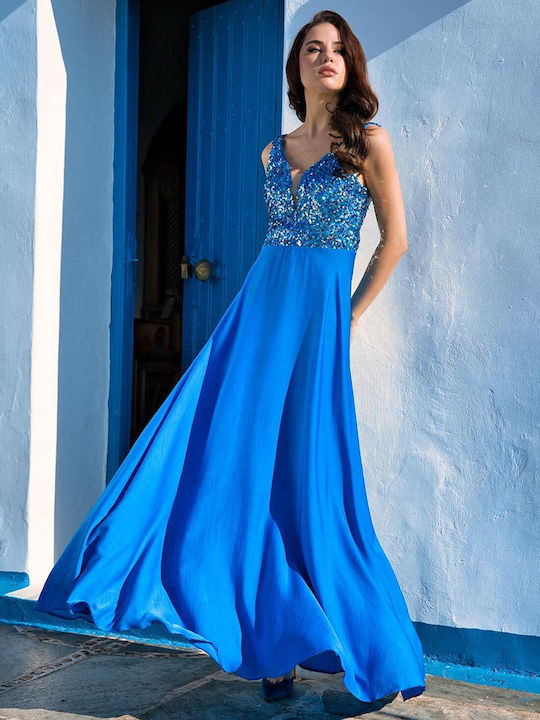 Bellino Maxi Βραδινό Φόρεμα Σατέν με Σκίσιμο Μπλε