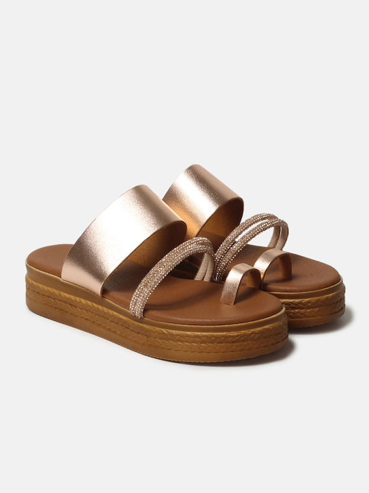 InShoes Leather Women's Flat Sandals Flatforms in Gold Color