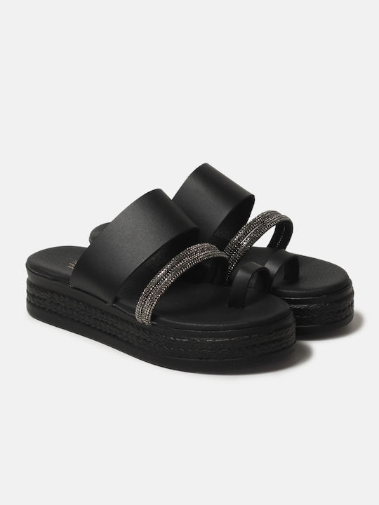 InShoes Leather Women's Flat Sandals Flatforms in Black Color