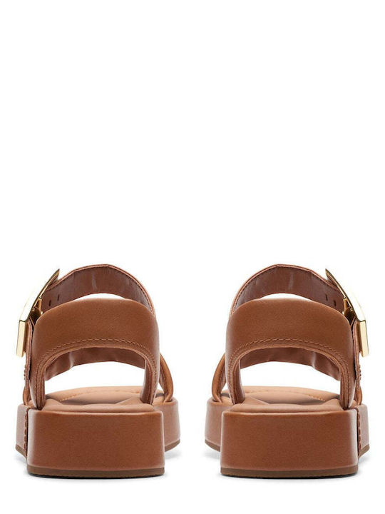 Alda Leather Women's Flat Sandals with Strap Flatforms in Tabac Brown Color