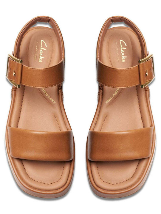 Alda Leather Women's Flat Sandals with Strap Flatforms in Tabac Brown Color