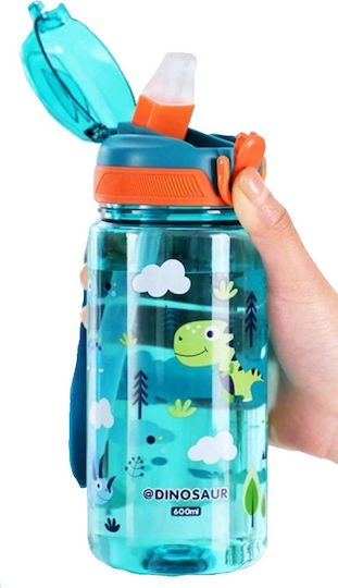 Tatu Moyo Kids Water Bottle Dinosaur Plastic with Straw Light Blue 600ml