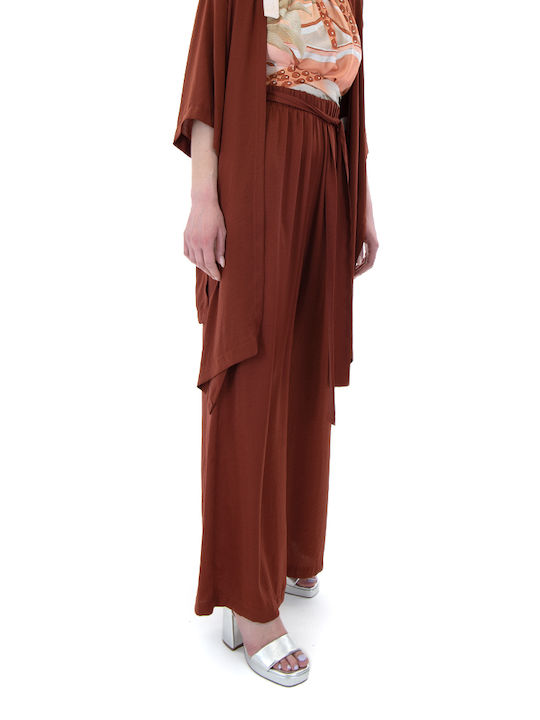 Damen Hoch tailliert Stoff Hose in Weiter Linie Chocolate