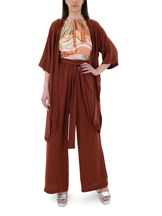 Damen Hoch tailliert Stoff Hose in Weiter Linie Chocolate