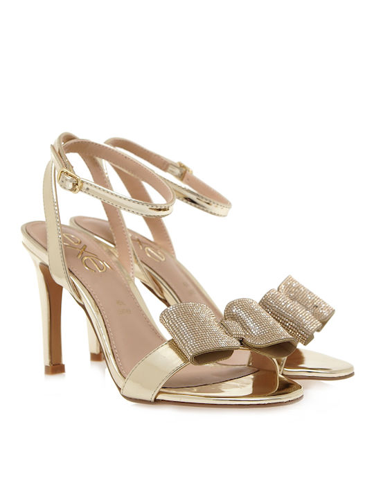 Exe Synthetic Leather Women's Sandals with Strass Gold with High Heel