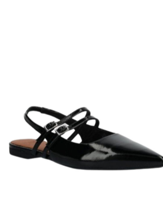 Hermine Leather Women's Pointed Toe Ballerina Shoes With Strap In Black Color