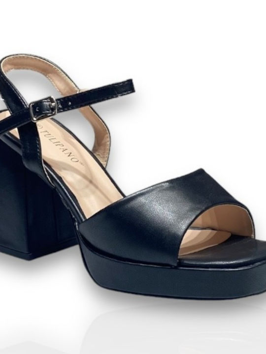 Famous Shoes Γυναικεία Πέδιλα με Χοντρό Ψηλό Τακούνι σε Μαύρο Χρώμα
