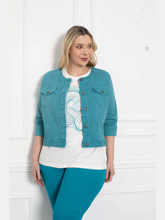 Bubble Chic Women's Short Jean Jacket for Spring or Autumn Turquoise