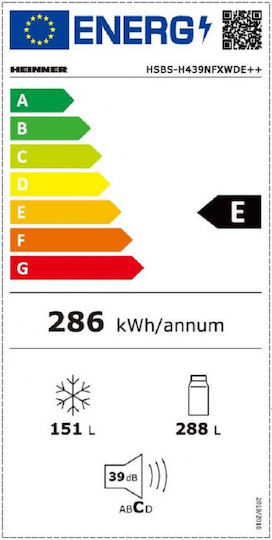 Heinner 439lt Total NoFrost Î176.5xL90xA59.5cm. Inox HSBS-H439NFXWDE++