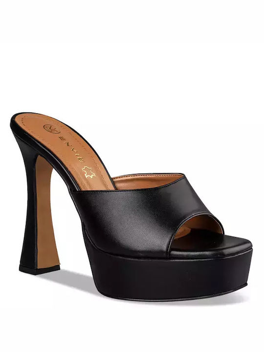 Envie Shoes Δερμάτινα Mules με Ψηλό Τακούνι σε Μαύρο Χρώμα