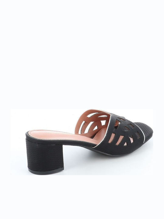 Leather Mules with Chunky Low Heel in Black Color