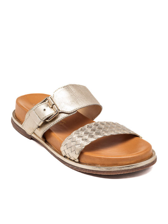 Leder Flache Sandalen für Damen in Gold Farbe
