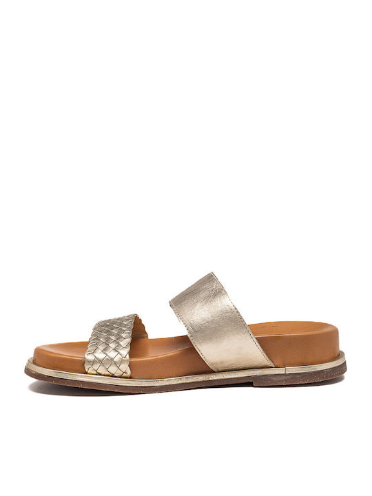 Leder Flache Sandalen für Damen in Gold Farbe