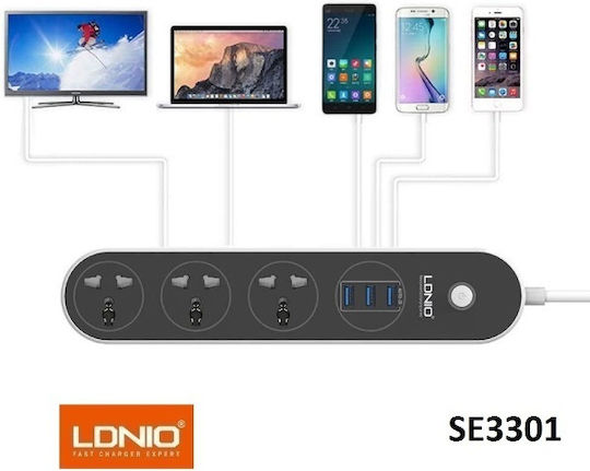 Ldnio Πολύπριζο 3 Θέσεων με 3 USB-A, Διακόπτη και Καλώδιο 1.6m