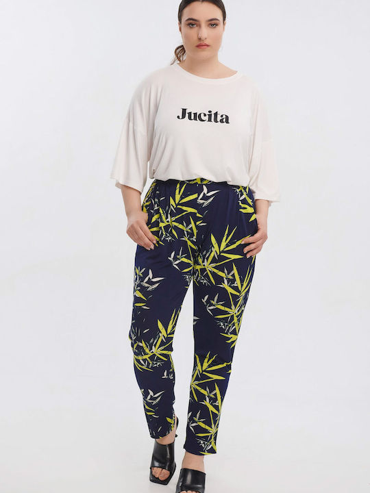 Jucita Women's Fabric Trousers with Elastic in Tapered Line Floral Floral