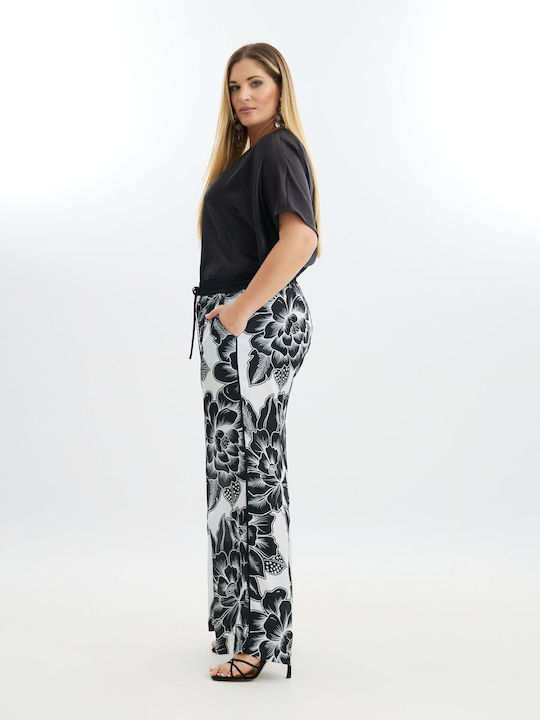 Mat Fashion Femei Satin Pantaloni largi cu Elastic Floral Neagră
