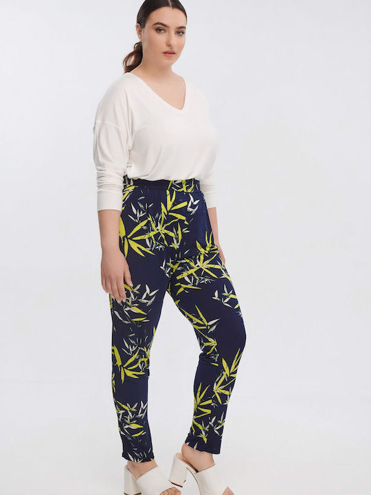 Women's Fabric Trousers with Elastic Tapered Line Floral Floral