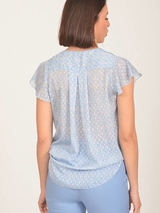 Tweet With Love Damen Bluse Kurzärmelig mit V-Ausschnitt Blau