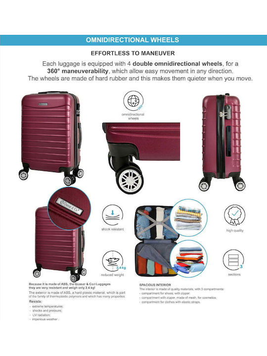 Quasar Model Set of 3 Βαλίτσες Ταξιδιού Σκληρές Burgundy με 4 Ρόδες Σετ 3τμχ