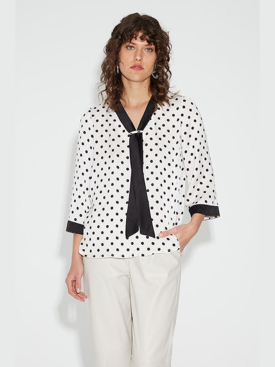 Bill Cost Women's Blouse with 3/4 Sleeve Polka Dot White