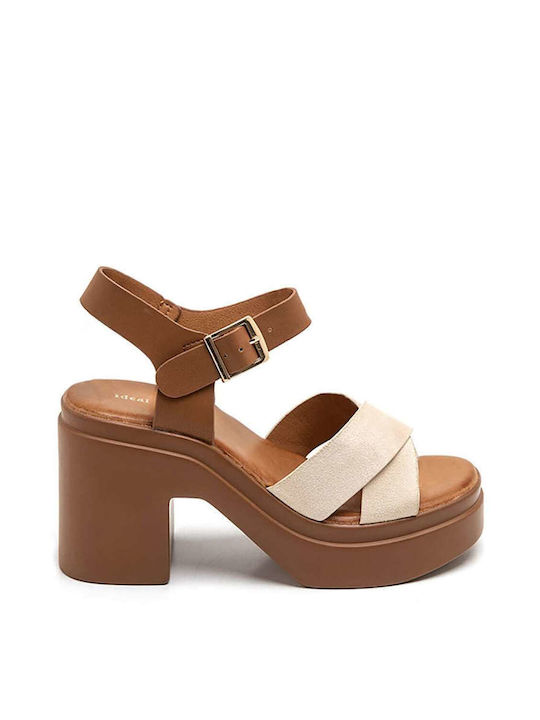 Keep Fred Platform Synthetic Leather Women's Sandals with Ankle Strap Beige