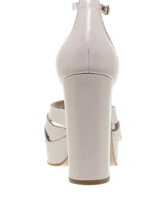 Mourtzi Leather Women's Sandals Beige with High Heel