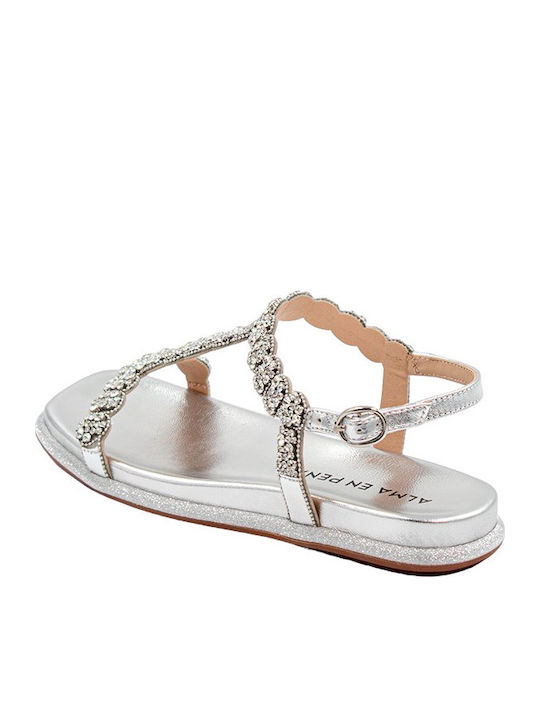 Leather Women's Flat Sandals in Silver Color