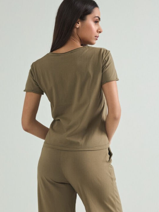 Cento Fashion Damen Bluse Baumwolle mit V-Ausschnitt Khaki