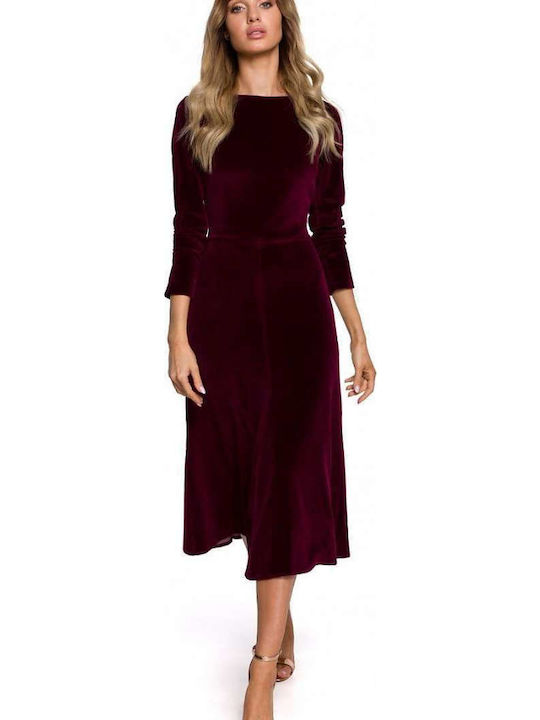 M557 Midi Damenkleid Langärmelig Burgundisch