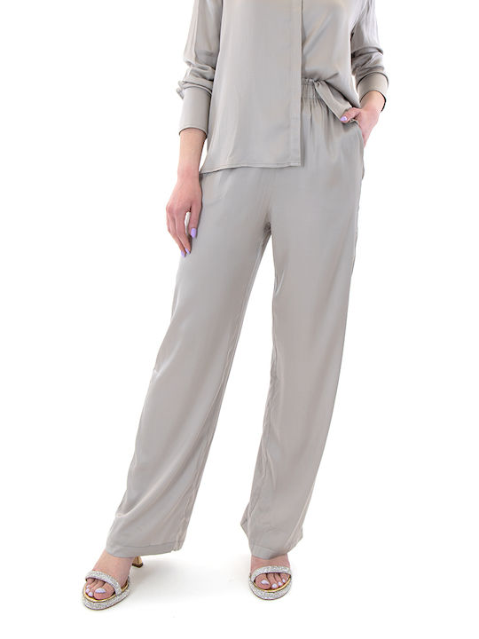 MY T Women's High-waisted Fabric Trousers in Straight Line Gray